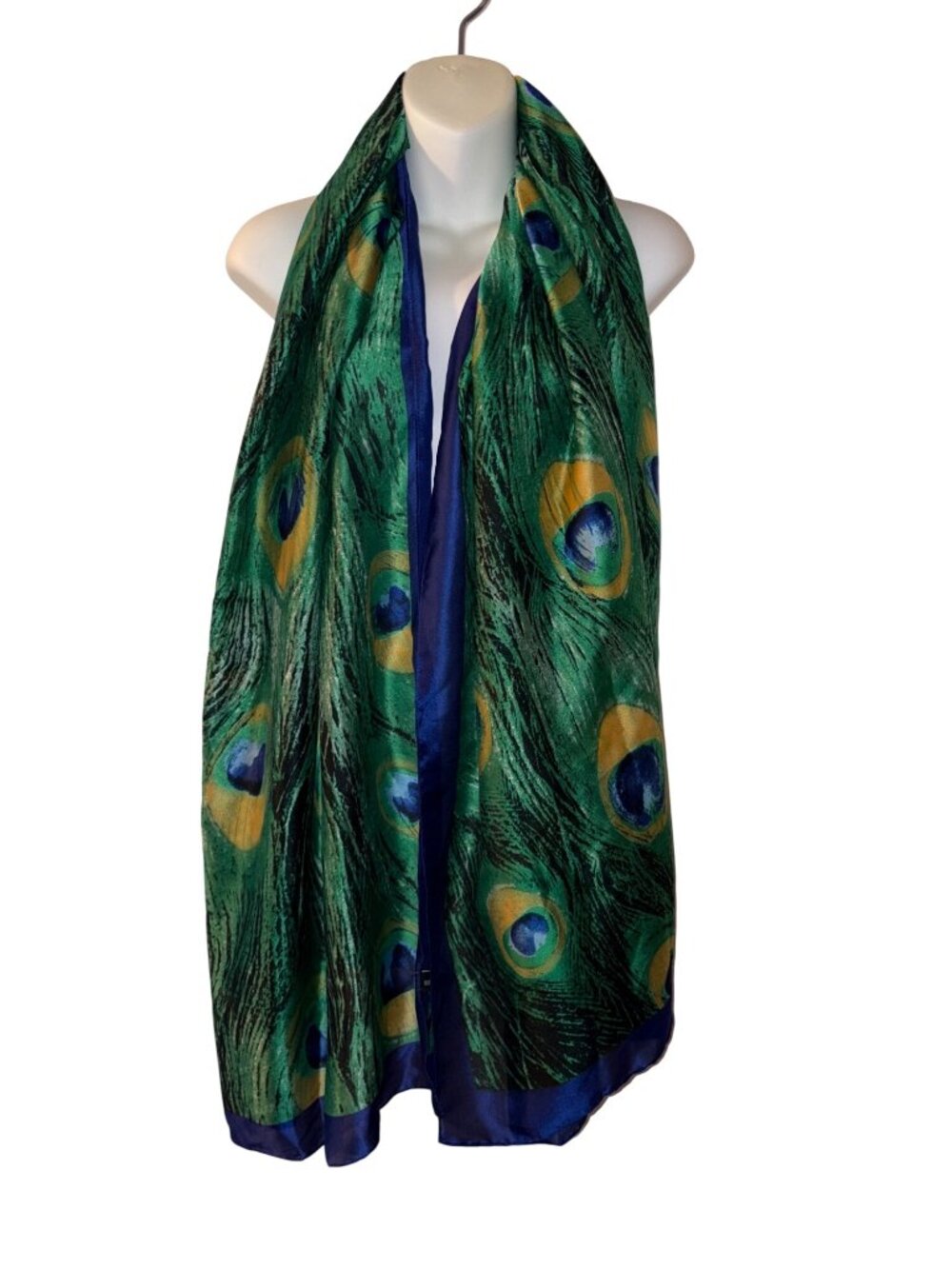 Caviotess Peacock Feather Print 100% Silk Scarf Shawl Wrap Green & Blue 64"x20"